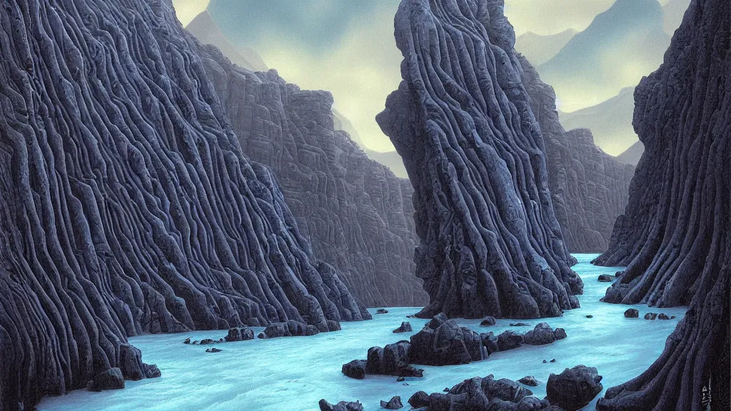 Image similar to digital painting of stuðlagil canyon by gerald brom. blue river. black columns. digital render. detailed. beautiful landscape.