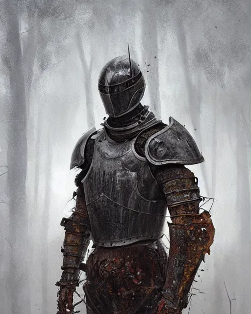 Prompt: Hyper realistic painting of a knight in full plate armor that has completely rusted, cracks in the armor, hyper detailed, surrounded by a dark forest, fog, moody, creepy, cinematic lighting, by greg rutkowski, trending on artstation