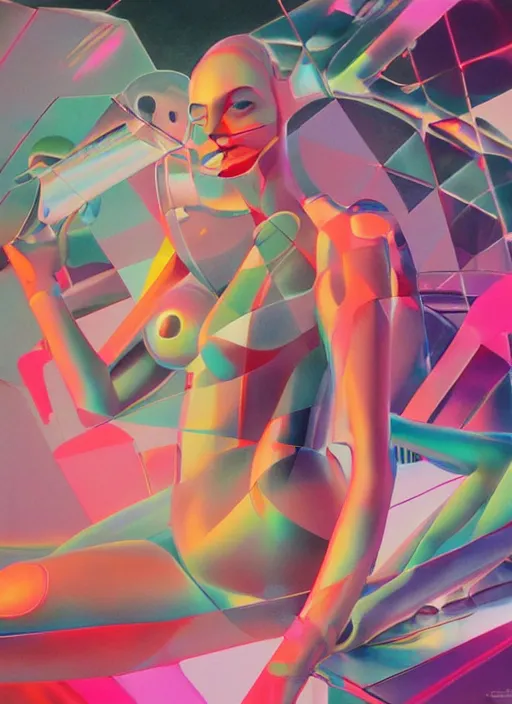 Prompt: futuristic lasers tracing, colorsmoke, fullbodysuit, pyramid hoodvisor, raindrops, wet, oiled, beautiful cyborg girl aphrodite pinup, by steven meisel, kaws, rolf armstrong, hannah af klint, perfect geometry abstract acrylic, octane hyperrealism photorealistic airbrush collage painting, monochrome, neon fluorescent colors, minimalist rule of thirds, eighties eros
