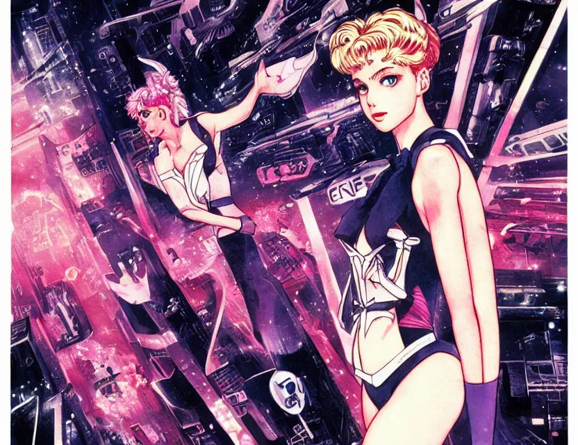 Image similar to illustration of sailor moon in the world of blade runner 1 9 8 2, poster in 8 0 s style, joao ruas style