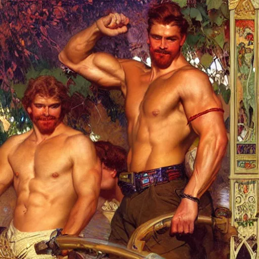 Image similar to attractive muscular mike with ginger hair and muscular attractive ty with brunet hair, drinking their hearts out, boys night out. highly detailed painting by gaston bussiere, craig mullins, j. c. leyendecker, alphonse mucha 8 k