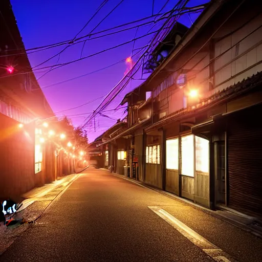 Prompt: photograph of kyoto street at night, bright street lamps, lens flare