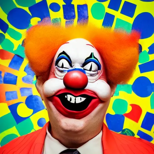 Prompt: cartoonish clown man giving a very suggestive knowing wink at the camera, abstract professional photo, giant facial features, wtf is going on