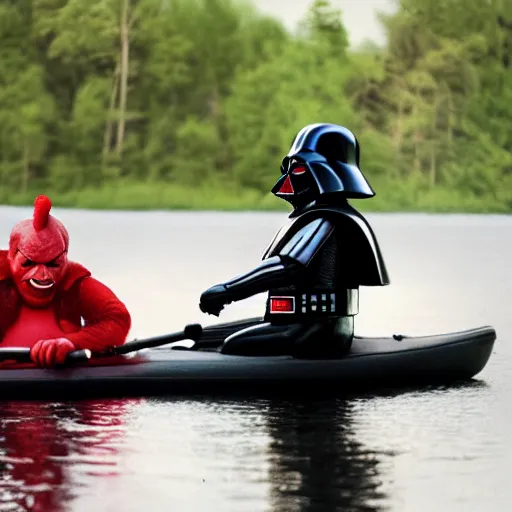 Image similar to darth vader fighting pennywise the clown on a kayak in the middle of a creepy lake, ultra high def, hyper realistic, photo