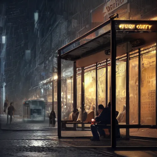 Prompt: some people waiting in a lone bus stop in qiet dark city, hyper detailed, dramatic lighting, cgsociety, realistic, hyper detailed, insane details, intricate, dramatic lighting, hypermaximalist, golden ratio, rule of thirds, octane render, weta digital, micro details, ultra wide angle, artstation trending, 8 k,