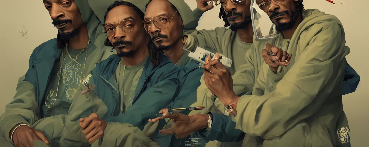 Image similar to duotone olive illustration 3 / 4 portrait of snoop dogg smoking joints with gandalf and elon musk composition accidental renaissance golden ratio. by sachin teng and sergey kolesov and ruan jia and heng z. graffiti art, scifi, fantasy, hyper detailed. octane render. concept art. trending on artstation