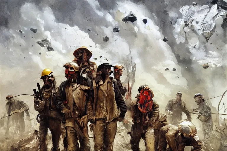 Prompt: intense dramatic still of a ragtag group of miners!!!! and factory workers with improvised weapons and pistols and red bandanas around their necks, on the surface of an asteroid, outside of a high tech scifi industrial building, medium shot, oil painting by charles frederic ulrich, pablo olivera, normal rockwell, greg rutkowski, trending on artstation, incredible detail