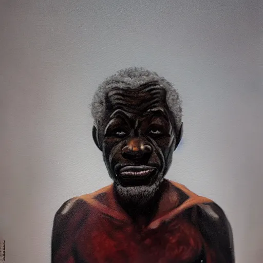 Image similar to a painting of a elder African man by Kara Walker . dramatic angle, ethereal lights, details, smooth, sharp focus, illustration, realistic, cinematic, artstation, award winning, rgb , unreal engine, octane render, cinematic light, macro, depth of field, blur, red light and clouds from the back, highly detailed epic cinematic concept art CG render made in Maya, Blender and Photoshop, octane render, excellent composition, dynamic dramatic cinematic lighting, aesthetic, very inspirational, arthouse.
