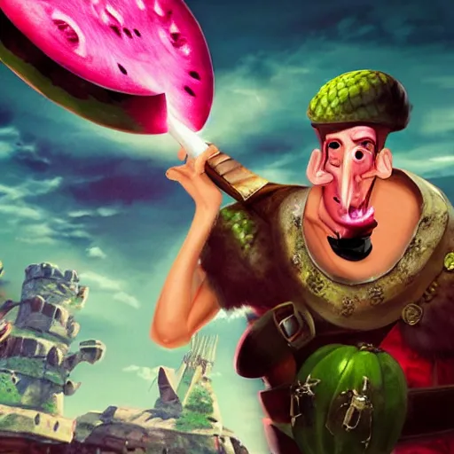 Image similar to nigel thornberry wearing medieval armor, smashing a watermelon, cyberpunk, vivid, neon, universe background