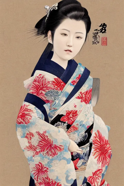 Image similar to Japanese kimono, finest digital concept art, 8k, character, realistic, portrait, photorealism, japan watercolour, masterpiece art