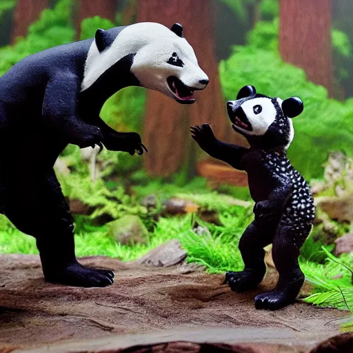 Image similar to stop motion dynosaurus fighting a panda in the forest