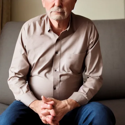 Prompt: full body photo of steve, mature male, mysterious face. he is sitting gracefully on a sofa, elegant slim beige shirt, tight shirt, big, firm, soft, bouncy belly