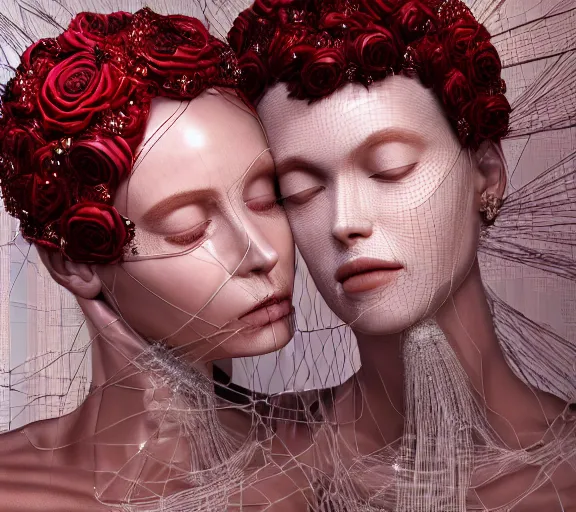 Image similar to a complex 3d render ultra detailed of two tulle wrapped perfect human face female half android queens praying together with wires tangled behind them connected to giant computer,bowknot, fine lace. GUCCI,sculpture,red rose, sparkling, jewel embellishment, cyberpunk 2077, film lighting, anatomical, facial muscles, cable wires, microchip, by Stanely Artgerm, Tom Bagshaw, Andrei Riabovitchev, aaron horkey, trending on pinterest,ZBrush, full of color, luxury, mythological, ultra realistic, high detail,concept art,golden ratio,cinematic lighting H 768