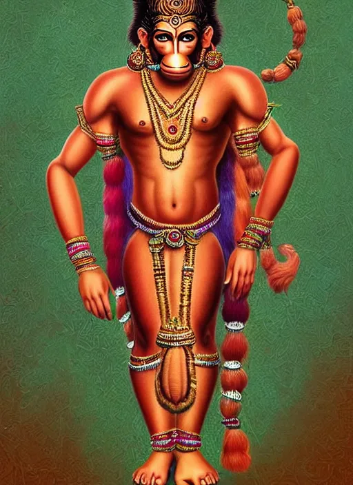 Image similar to a full body portrait of beautiful ornated hanuman!!!! god with flowing medium hair, soft facial features, kind appearence, digital art by krishen khanna and madhvi parekh, symmetrical body, artgerm, portrait, muted color scheme, highly detailed, outrun art style