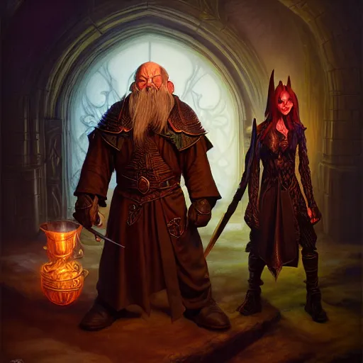 Image similar to a portrait of an elven wizard and a dwarf paladin, grimdark extremely detailed fantasy art by Gerald Brom, octane render