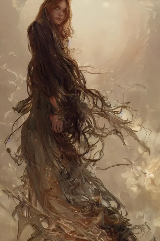 Image similar to portrait of everything, long hair, fantasy, elegant, intricate, full frontal shot, highly detailed, digital painting, artstation, concept art, sharp focus, illustration, art by artgerm and greg rutkowski and alphonse mucha