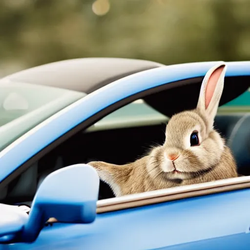 Image similar to a cute bunny driving a convertible, studio photo, high quality