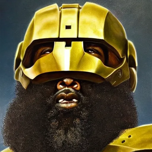 Image similar to ultra realistic portrait painting of james harden as master chief, art by frank frazetta, 4 k, ultra realistic, highly detailed, epic lighting