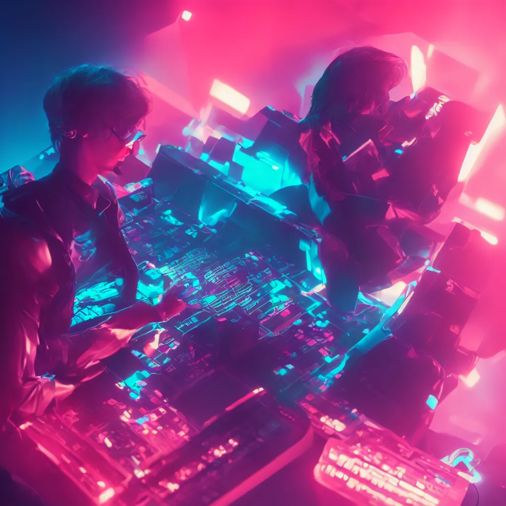 Image similar to portrait of a beautiful man lovingly licking his roland synthesizer, 4k, volumetric lighting, close-up, trending on artstation, neon background, octane render, hyperrealistic