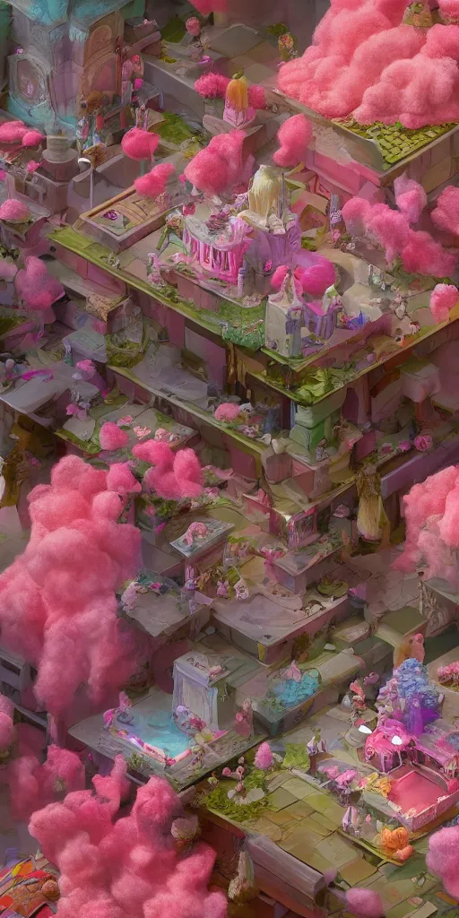 Prompt: Isometric Fantasy Room made of cotton candy and roses, trending on artstation, 4k, 8k, overhead view, unreal engine, octane, artstation 3d, artstation 3d render, artstation photography