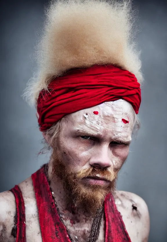 Prompt: photo portrait of an rugged strong albino african pirate with a red headband | vest | young adult, blonde mustache, small afro blonde hair, stern face, rugged and dirty, cinematic lighting at sundawn, movie color grading