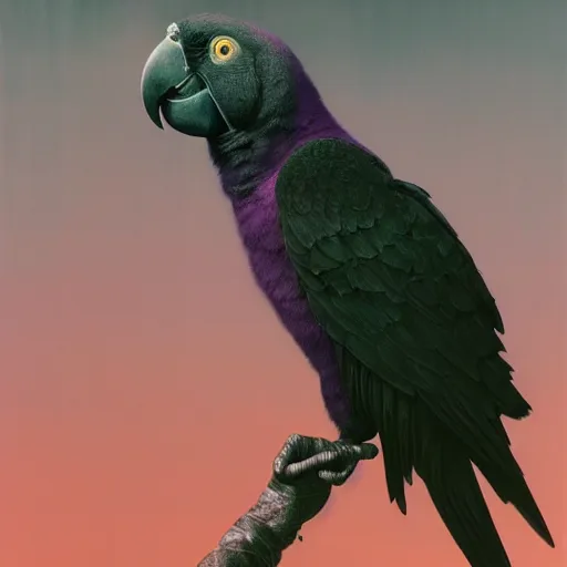 Image similar to dark purple parrot, ethereal, extremely high detail, photorealistic, cinematic lighting, artstation, octane render, art by Zdzisław Beksiński