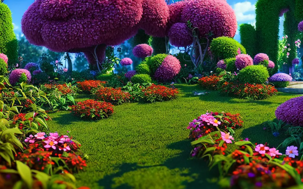 Prompt: a sprawling garden with many flowers and vines, sunny day, beautiful lighting, vivid colors!, highly detailed, cinematic, octane render, 4 k, trending on artstation, deviantart featured