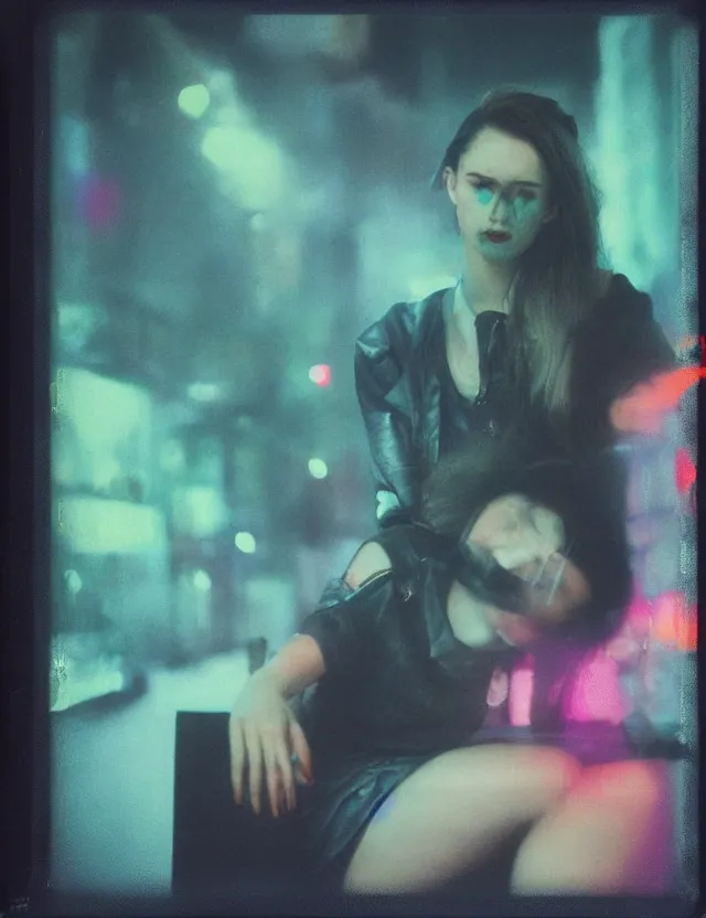 Image similar to portrait girl with smokey eyes makeup sitting on a bench at night, neon light, wide high angle coloured polaroid photograph with flash, kodak film, hyper real, stunning moody cinematography, with anamorphic lenses, by maripol, fallen angels by wong kar - wai, style of suspiria and neon demon and children from bahnhof zoo, detailed