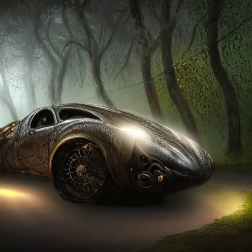 Prompt: magnificent mechanical steampunk vehicle shaped like a sports car with (((glowing))) lights abandoned on a road in lush forest with vines hanging from tree branches, fog, desaturated, beautiful, creepy ambiance, 4k, sharp focus, highly detailed, artgerm, giger