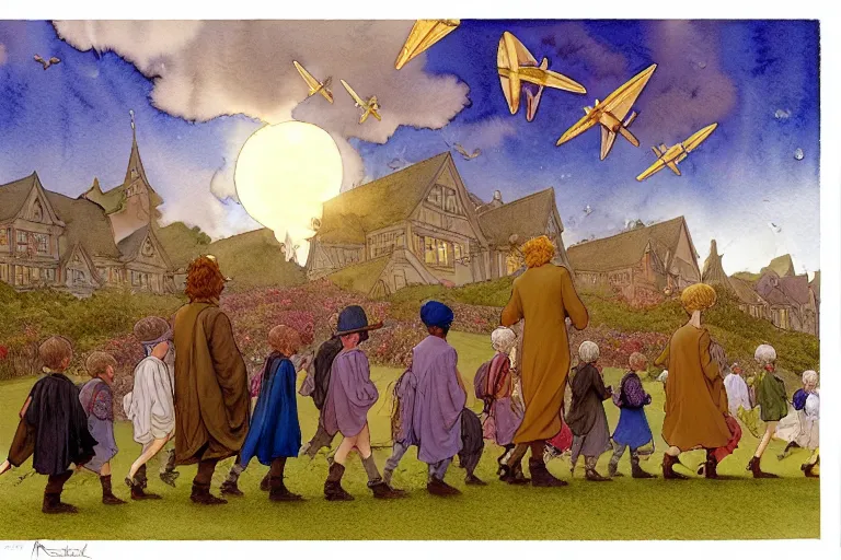 Prompt: a hyperrealist watercolor concept art of the pied piper leading children out of town. an elegant golden ufo is in the sky. very muted colors, by rebecca guay, michael kaluta, charles vess. high detail, hq, wide shot, 4 k