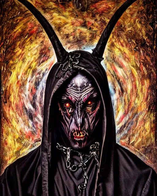 Image similar to photorealist painting of demonic priest, gothic, horror, vivid dark colors, high production value, intricate details, high resolution, hyperrealistic, hdr, high definition, masterpiece, ultra realistic, highly detailed, hd, sharp focus, non blurry, sharp, smooth