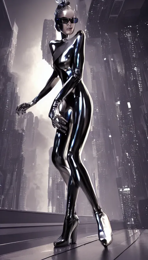 a futuristic woman in a black and silver suit