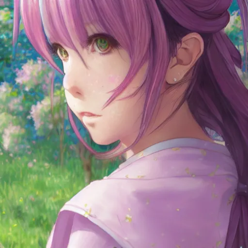 Image similar to portrait of a girl sitting at the field of lilac, anime fantasy illustration by tomoyuki yamasaki, kyoto studio, madhouse, ufotable, trending on artstation