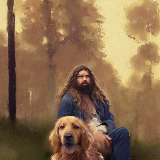 Prompt: oil painting of a young man with long hair blond and a beard hippie style painting on a golden retriever, people watching around, by greg rutkowski, artstation