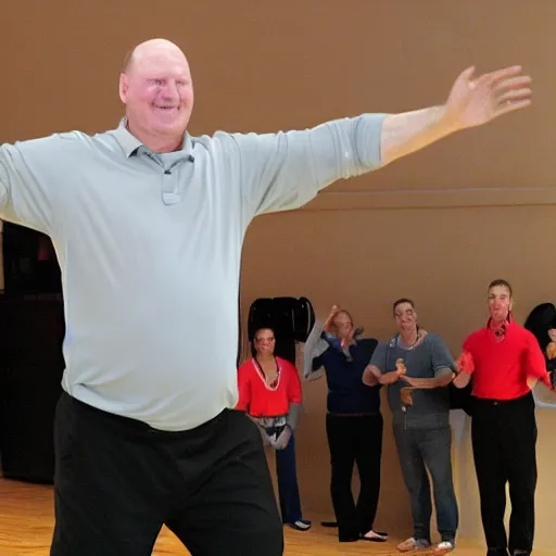 Prompt: Steve Balmer shows off his new dance moves at the club.