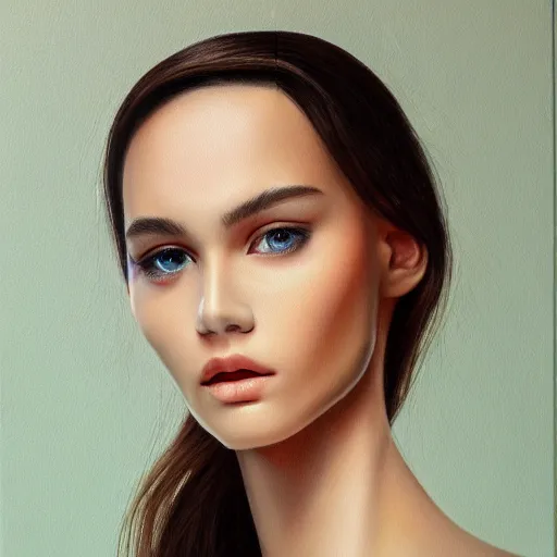 Image similar to very pretty model, highly detailed, sharp focus, realistic, small nose, visible forehead, oil canvas