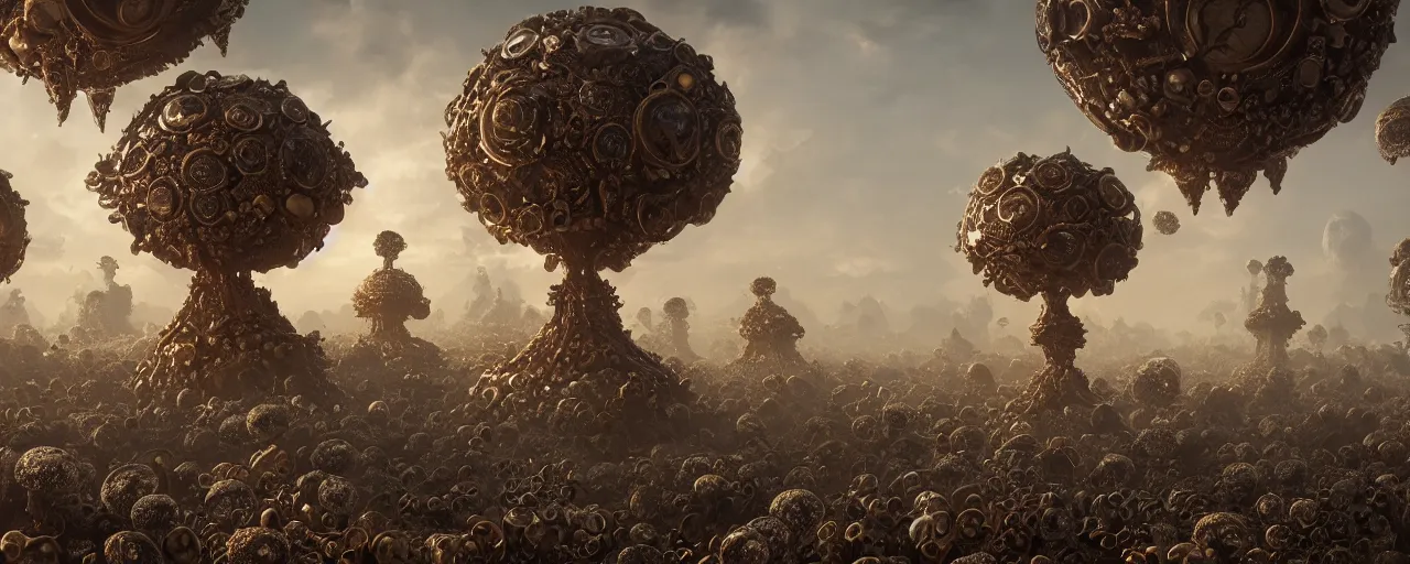 Image similar to planet made of mushrooms and ornate bronze gears, [ cinematic, detailed, epic, widescreen, opening, establishing, mattepainting, photorealistic, 4 k, octane render, art by greg rutkowski ]