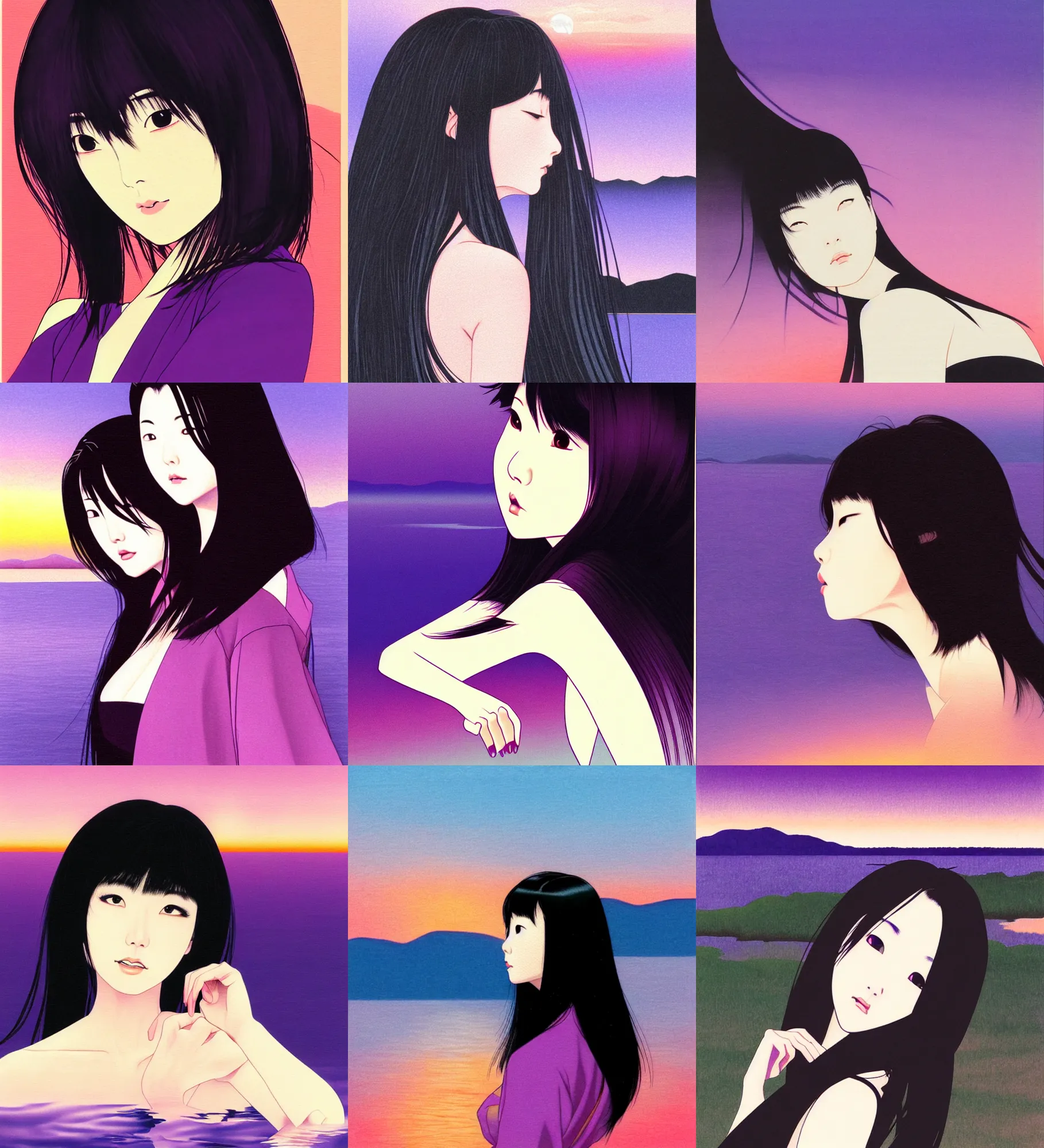 Prompt: illustration by ohrai noriyoshi, beautiful tomie kawakami with long sleek black hair, staring at a pristine lake during a purple sunset, over the shoulder shot, portrait photo, photorealistic,