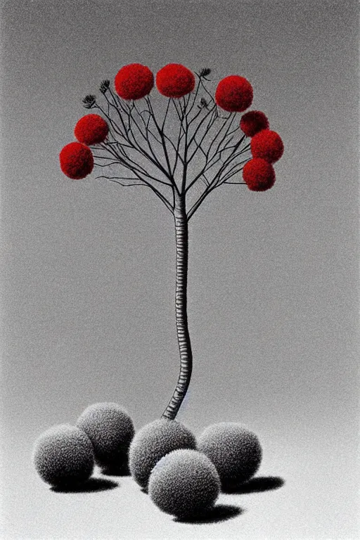 Prompt: an ant's perspective of a pompom tree, digital illustration by chris van allsburg and artgerm, surreal, photorealistic