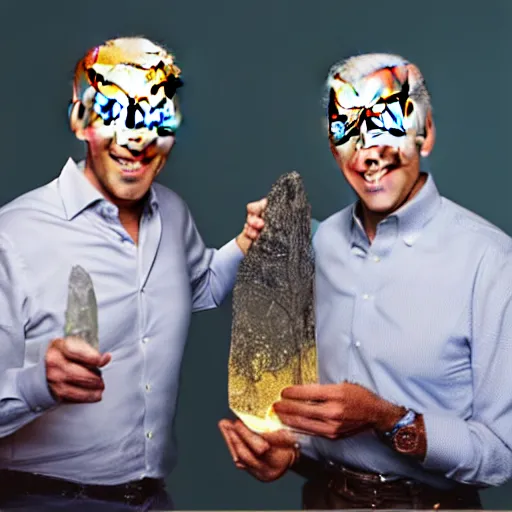 Image similar to UHD candid photo of Joe Biden and Hunter Biden holding up a giant flaming quartz crystal, UHD, photorealistic, correct face, photo by Annie Leibowitz