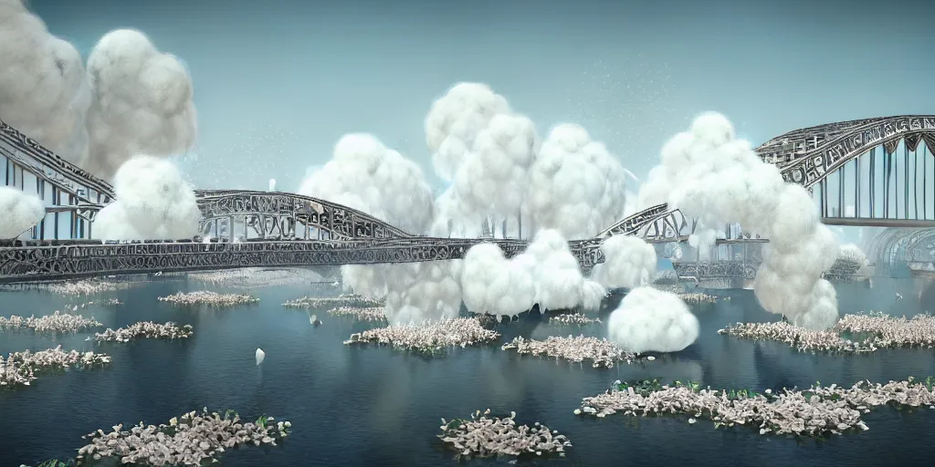 Image similar to explosions in the form of realistic white cotton plants on harbour bridge, huge white cotton everywhere on the destroyed harbour bridge, smooth, sharp focus, highly detailed, 3 d octane render, epic lighting, lots of white cotton, 8 k, by miyazaki