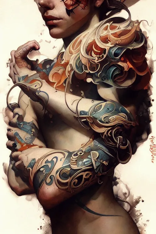 Image similar to arm sleeve tattoo design by peter mohrbacher and craig mullins