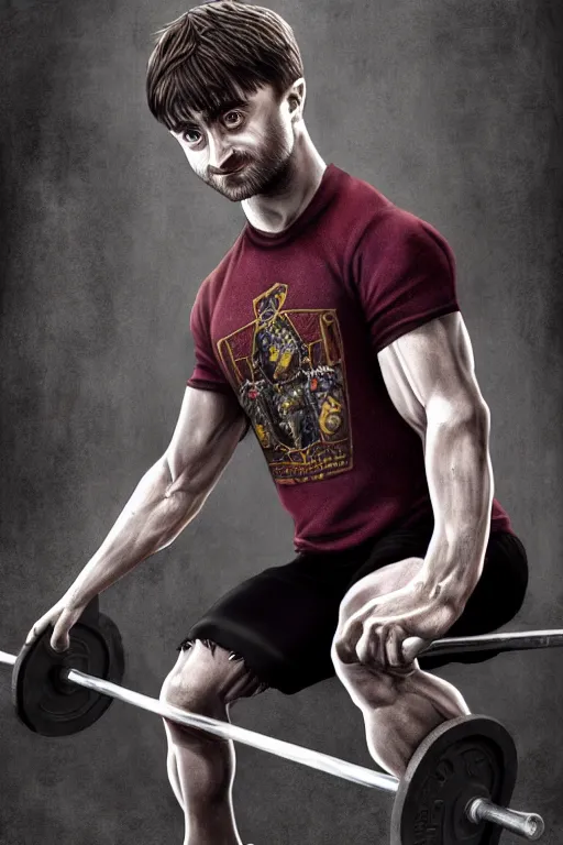 Image similar to highly detailed rendering of Daniel Radcliffe as Harry Potter doing barbell back squats, dingy workout gym, wearing a muscle tee shirt, muscular deep squats, symmetrical, highly detailed, digital painting, artstation, concept art, smooth, sharp focus, illustration, cinematic lighting, art by artgerm and greg rutkowski and alphonse mucha