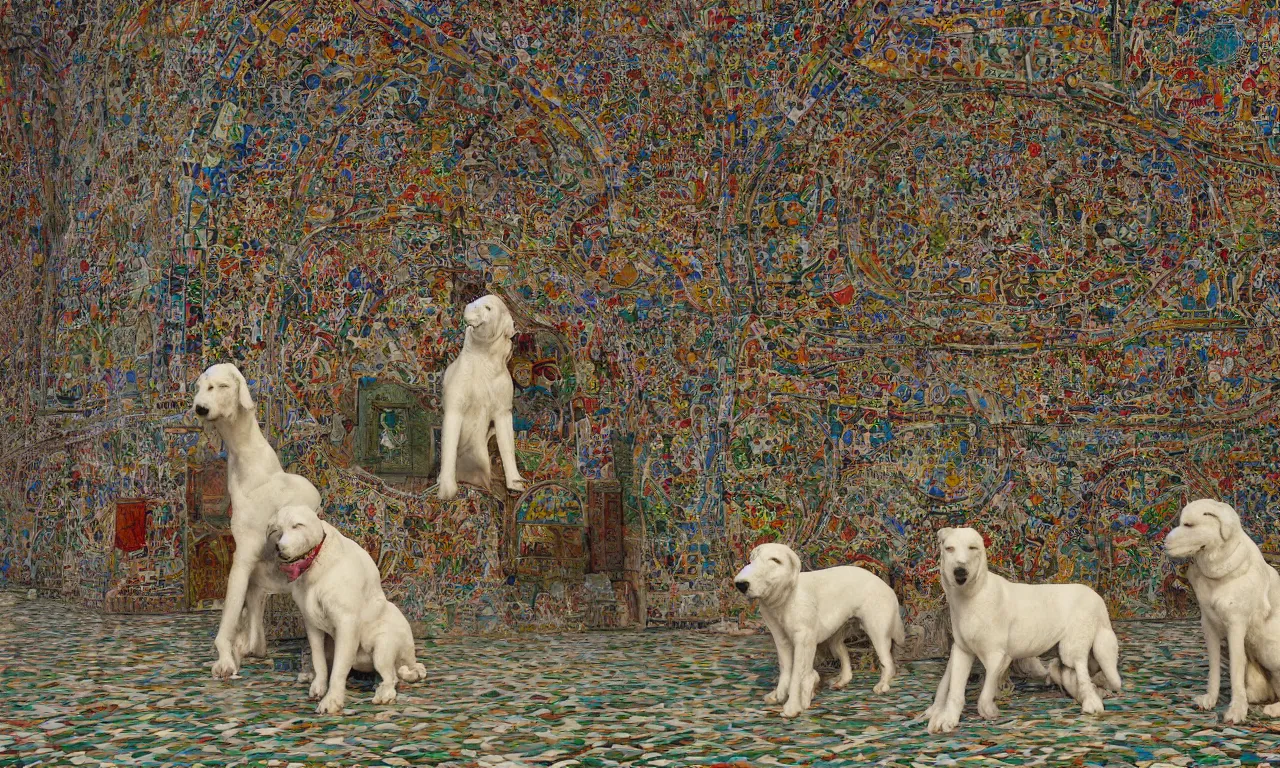 Prompt: Istanbul white dogs at the garden of the great palace of Constantinople's mosaics, digital art, 3d, perfect lighting, natural, colourful