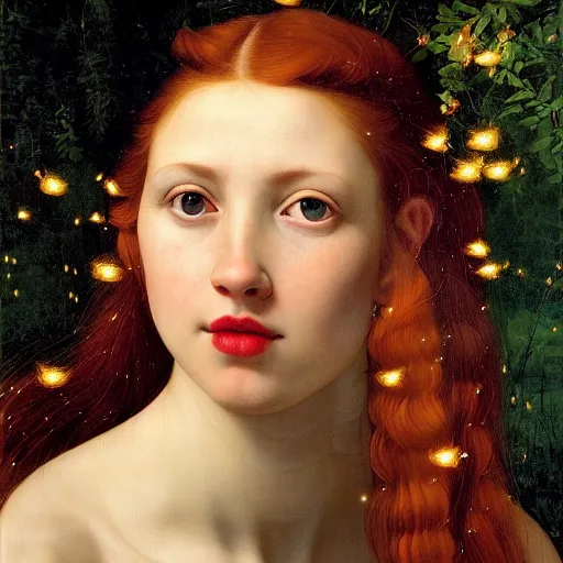 Prompt: portrait of a young woman, among the lights of golden fireflies and nature, long loose red hair, intricate details, deep green eyes, hint of freckles, round gentle face, cheeky smile with red lips, deep focus, smooth, sharp, golden ratio, hyper realistic art by artemisia lomi gentileschi and caravaggio