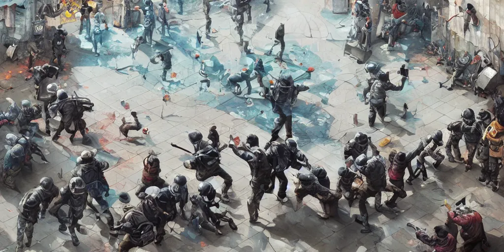 Image similar to street art mural of a anti-riot police in full riot gear beating and arresting civilians by Peter Mohrbacher, James Jean, Craig Mullins, Ross Tran, Hiroshi Yoshida, Mark Simonetti