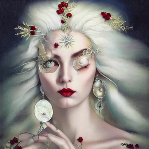 Prompt: dynamic composition, woman with white hair of ( thin winter tree branches )!! and ( holly branches ) wearing ornate earrings, ornate gilded details, wiccan, a surrealist painting by tom bagshaw and jacek yerga and tamara de lempicka and jesse king, featured on cgsociety, pop surrealism, surrealist, dramatic lighting, pre - raphaelite