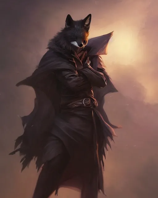 Prompt: oil painting of Anthropomorphized dark Fox thief, wearing dark cloak, mischievous look, full body, sharp focus, fantasy style, octane render, volumetric lighting, 8k high definition, by greg rutkowski, highly detailed, trending on art Station, magic the gathering artwork, dark city backround