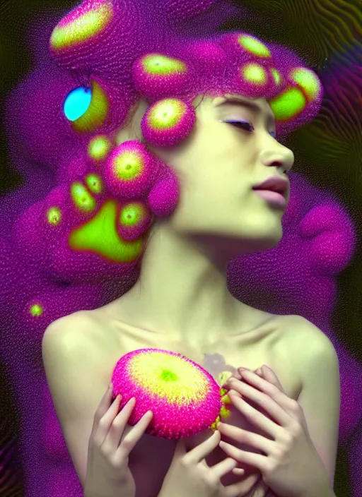 Prompt: hyper detailed 3d render like a Oil painting - kawaii Aurora (Singer) seen Eating of the Strangling network of yellowcake aerochrome and milky Fruit and Her delicate Hands hold of gossamer polyp blossoms bring iridescent fungal flowers whose spores black the foolish stars by Jacek Yerka, Mariusz Lewandowski, Houdini algorithmic generative render, Abstract brush strokes, Masterpiece, Edward Hopper and James Gilleard, Zdzislaw Beksinski, Mark Ryden, Wolfgang Lettl, hints of Yayoi Kasuma, octane render, 8k