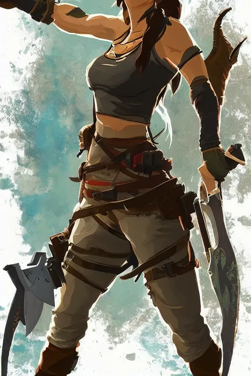 Image similar to an in game portrait of lara croft from the legend of zelda breath of the wild, breath of the wild art style.